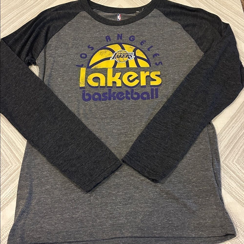 NBA Boys Dark Gray Los Angeles Lakers Basketball Raglan Long Sleeve Shirt Size L
